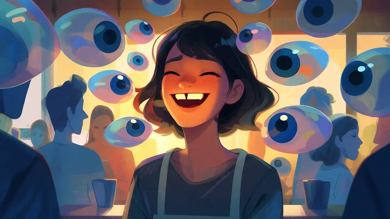 Konceptuální ilustrace sebevědomého úsměvu mezi pohledy okolí