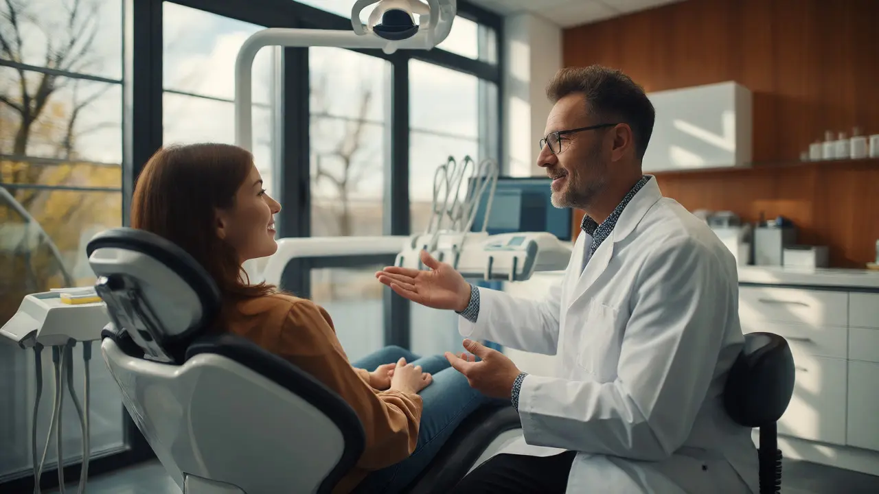 Ortodont vysvětlující léčbu pacientovi v klidném prostředí moderní stomatologické kliniky.