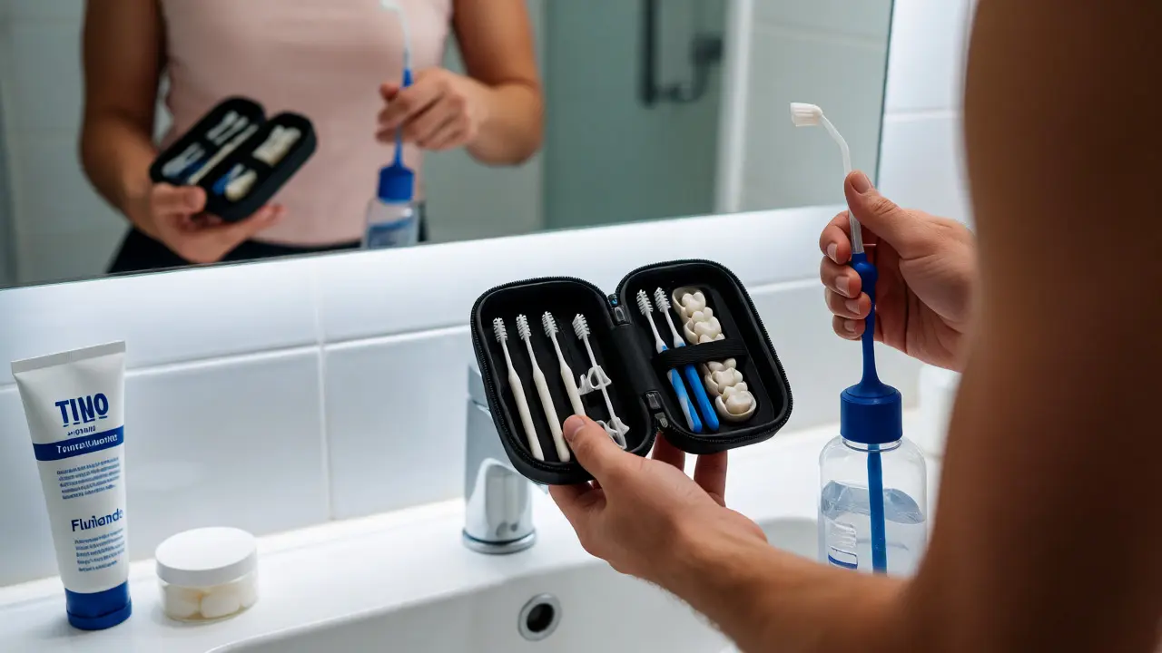 Osoba připravující ústní hygienu před randem u zrcadla.