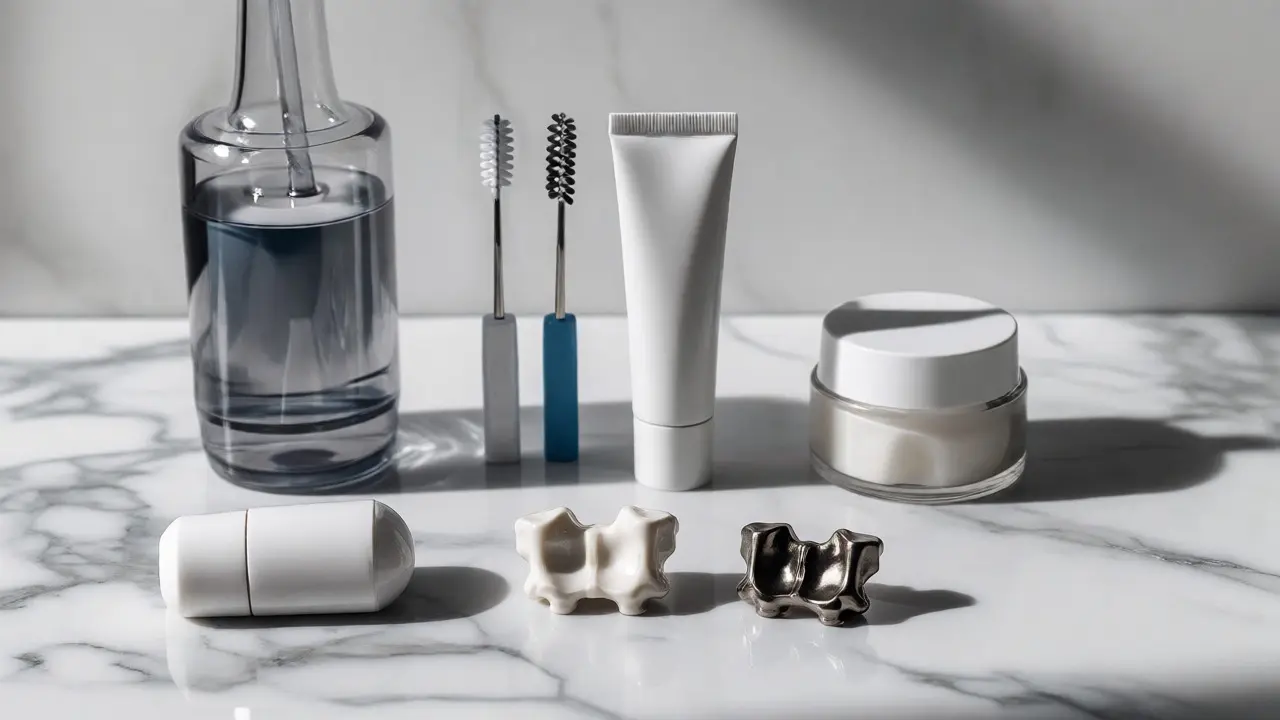 Sada pomůcek pro hygienu při nošení rovnátek včetně irigátoru, kartáčků a vosku na bílém pozadí.