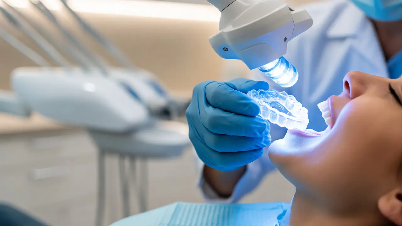 Zubní lékař aplikuje bělicí gel pod LED světlem v ordinaci