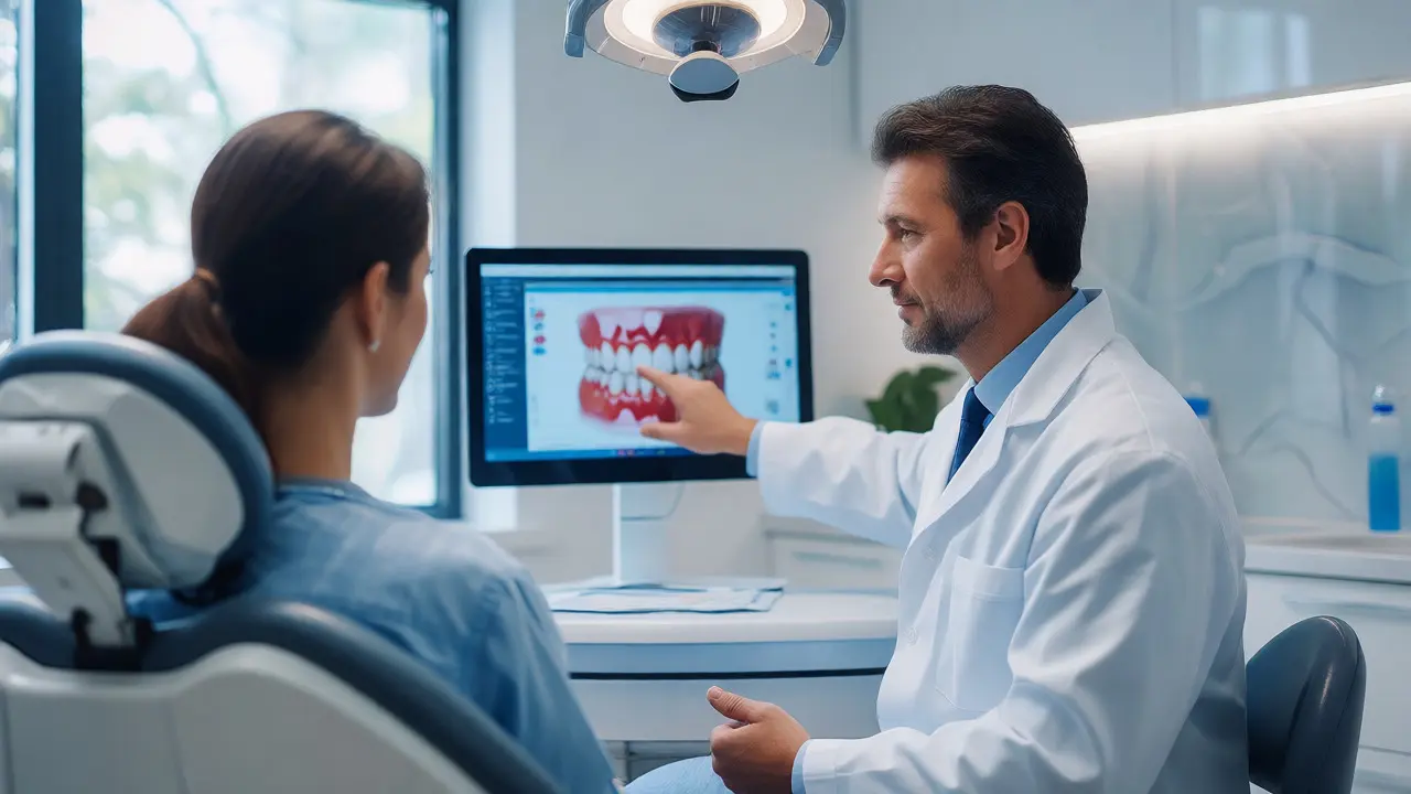 Zubní lékař vysvětluje pacientovi plán léčby pomocí digitální simulace úsměvu.
